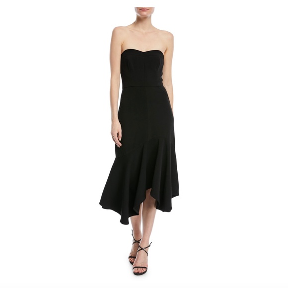 NWT - HALSTON Black Strapless Crepe Midi Flounce Dress - 0 - Picture 5 of 15